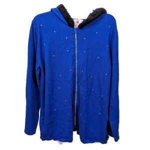 Quacker Factory Blue Bedazzled Full Zip Fur Trim‎ Hooded Sweater- Size Medium